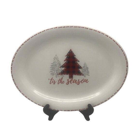 Potters Studio Christmas Platter 'Tis The Season Buffalo Check Tree Oval Serving - Picture 1 of 3